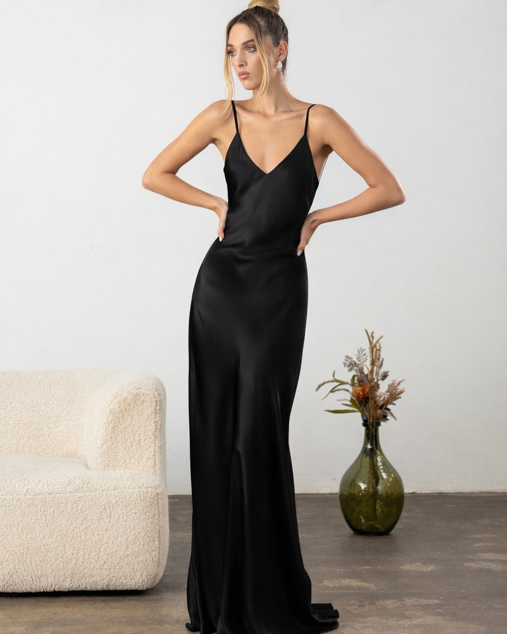 black slip dress bridesmaid Black Silk Slip Dress, Deep V-neck Midi, Bridesmaid Party Dress