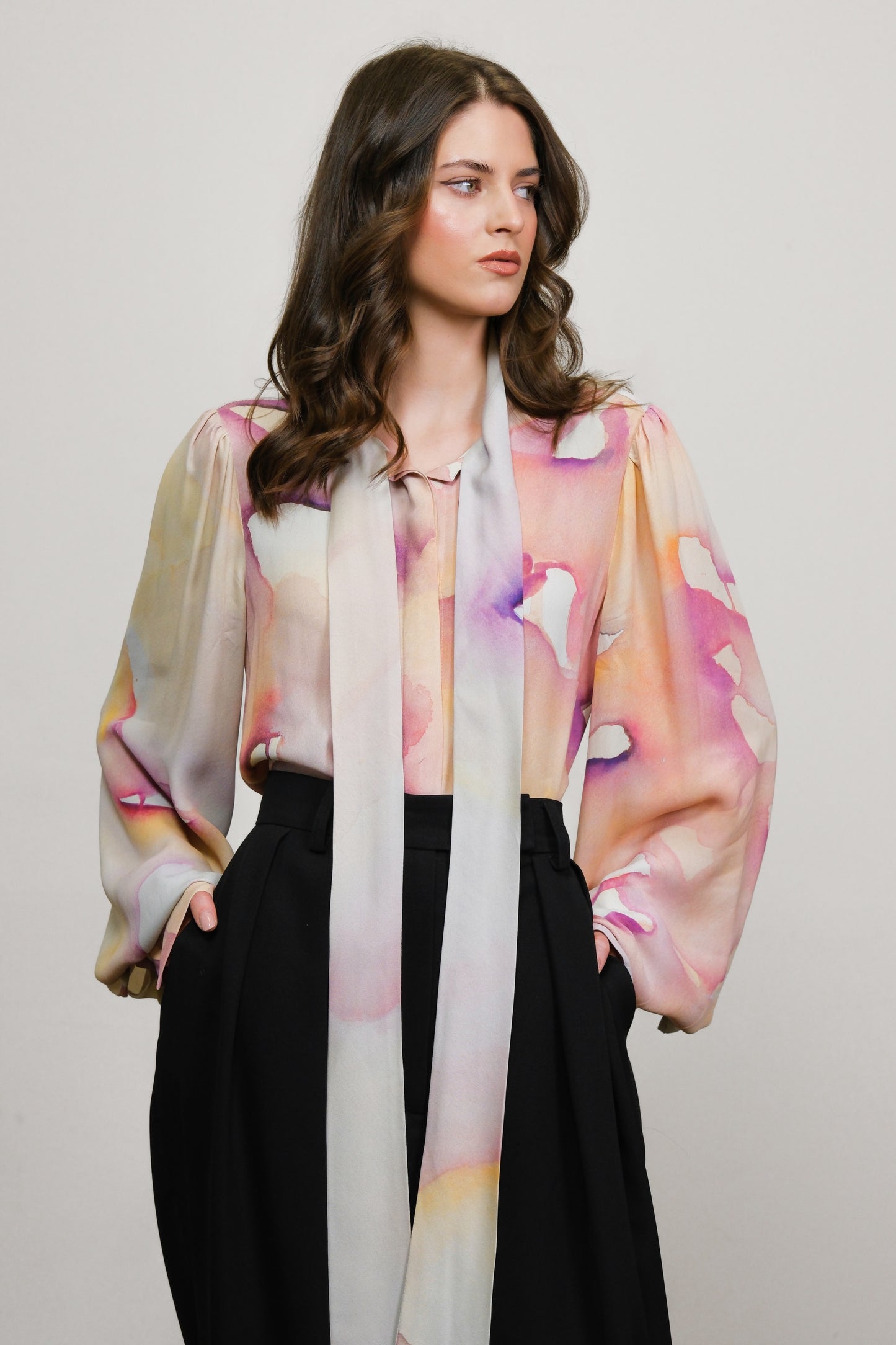 Riley Classic Bow Tie Blouse Pink Abstract Pre-Order