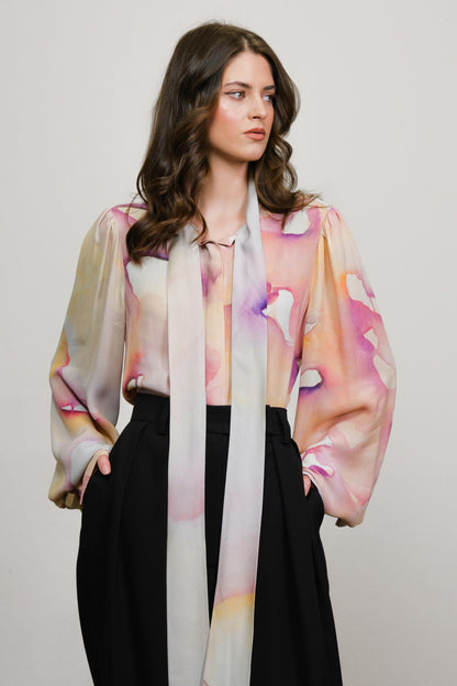 Riley Classic Bow Tie Blouse Pink Abstract Pre-Order
