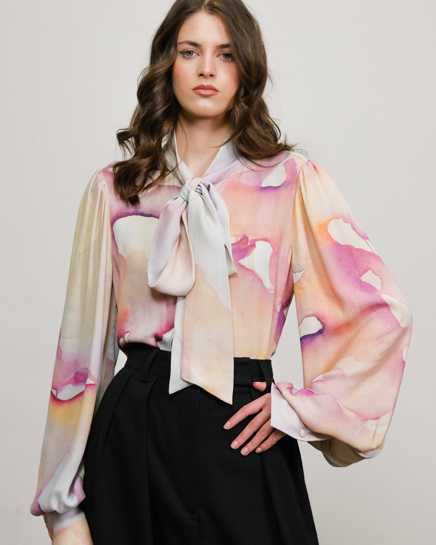 Riley Classic Bow Tie Blouse Pink Abstract Pre-Order